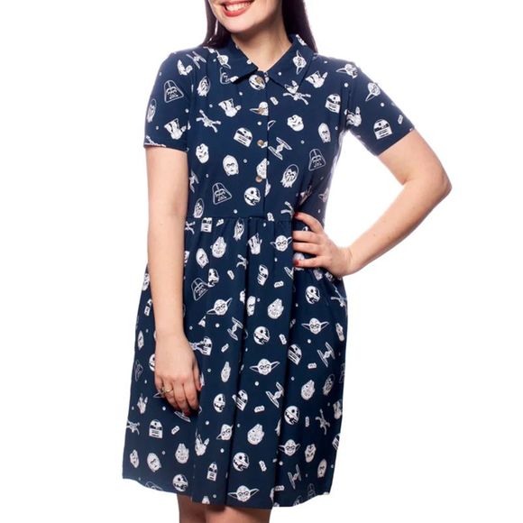 Star Wars Dresses & Skirts - Cakeworthy Star Wars Button Dress Navy Blue All-Over Print Darth Vader Yoda